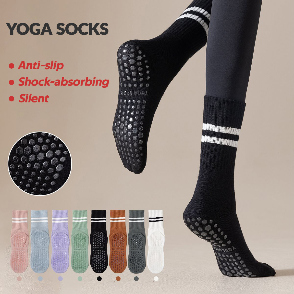 Pilates Yoga Barre - 3 Pairs Long Yoga Socks with